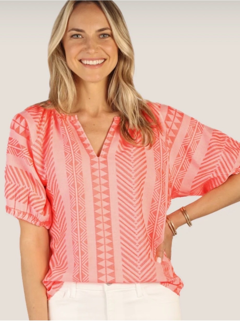 dylan Coral Red Petra Printed V-Neck Cotton Blouse